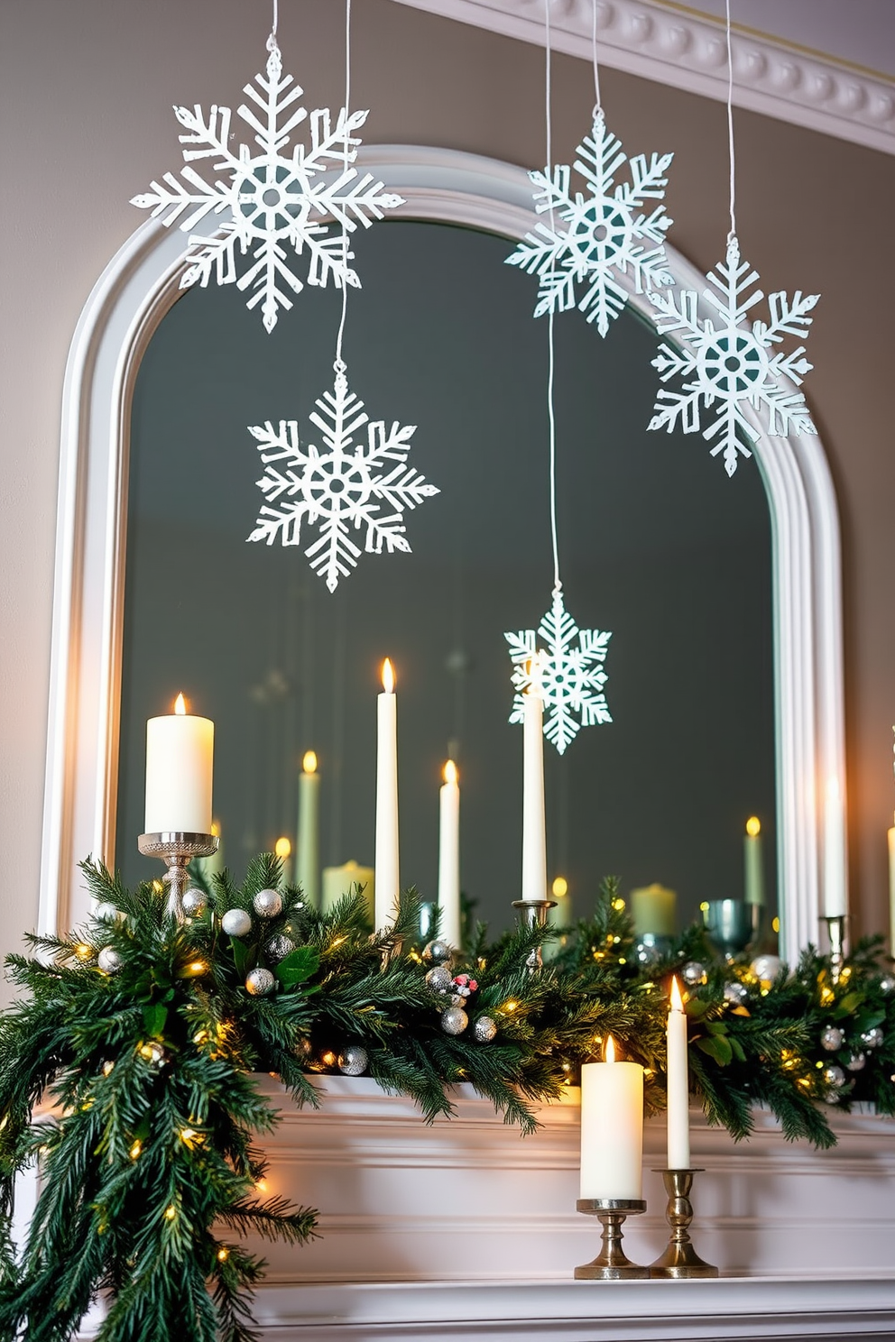 Artistic snowflakes hang gracefully from the mantel, creating a whimsical winter wonderland atmosphere. The mantel is adorned with lush evergreen garlands, twinkling fairy lights, and a collection of elegant candles in varying heights.