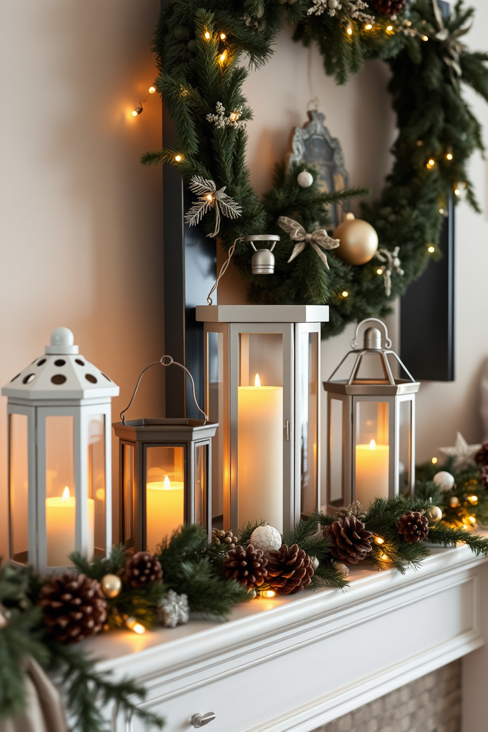 Chic lanterns filled with flickering candles create a warm and inviting ambiance in the living room. These lanterns are arranged on the mantel, complemented by seasonal greenery and twinkling fairy lights for a cozy winter feel. The winter mantel is adorned with a mix of natural elements and festive decor. Pinecones, berries, and soft garlands intertwine with elegant ornaments to enhance the seasonal charm.