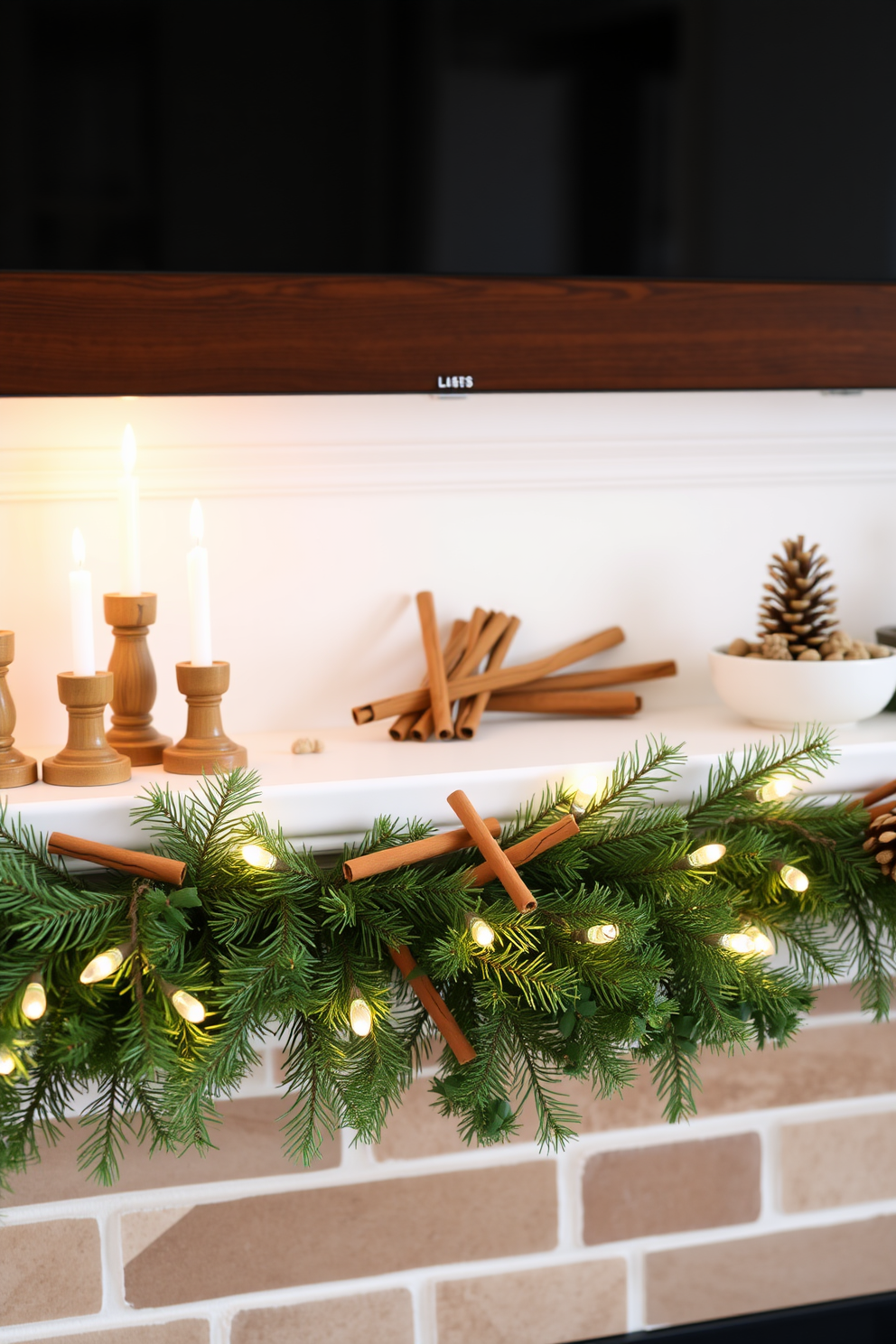 A cozy winter mantel decorated with aromatic elements like cinnamon and pine. The mantel features a garland of fresh pine branches intertwined with cinnamon sticks and soft white lights. On the left, a collection of rustic wooden candle holders with flickering candles adds warmth to the setting. To the right, a few decorative pinecones and a small bowl of cinnamon sticks create a charming, inviting atmosphere.