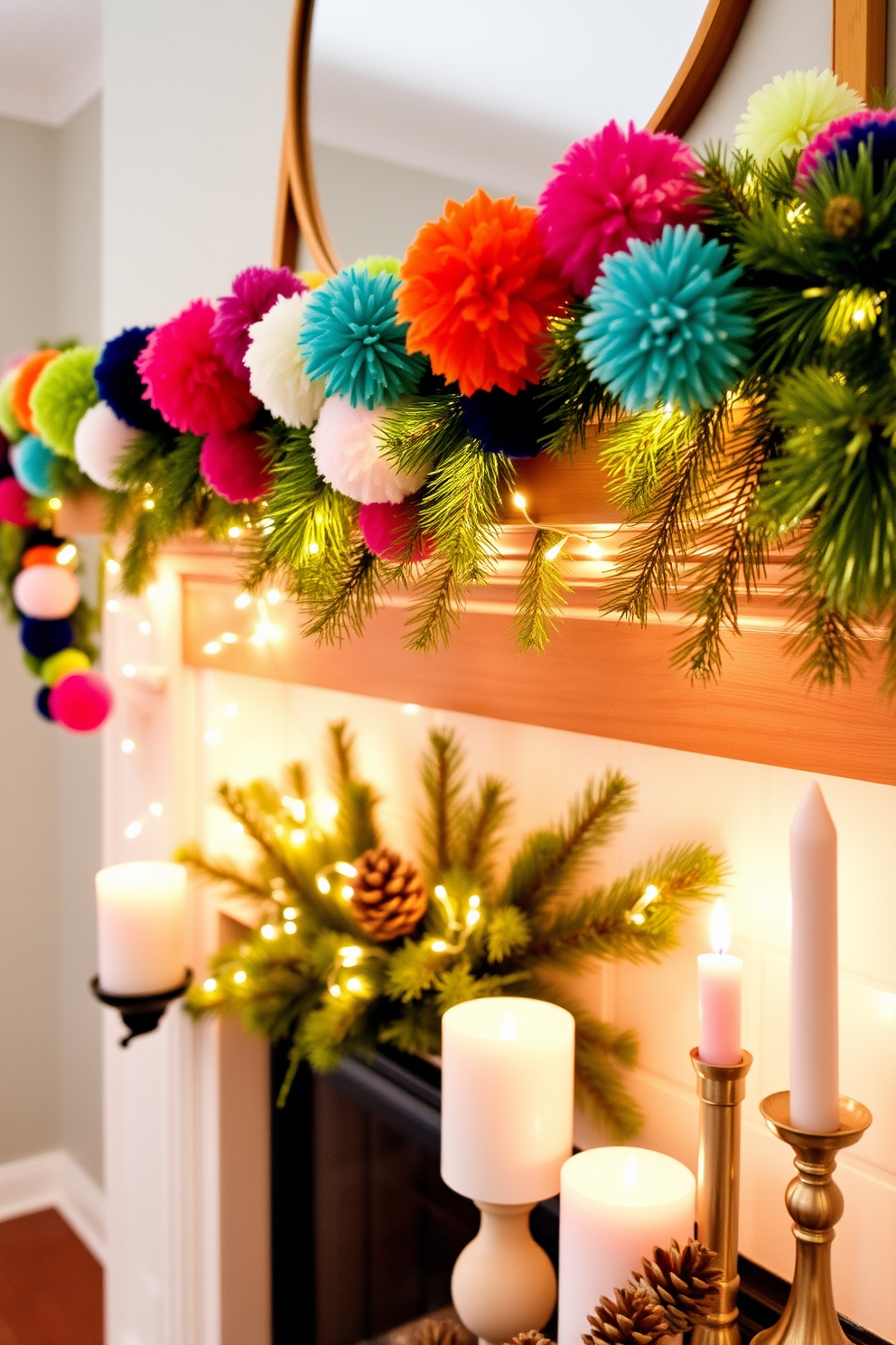 A colorful pom-pom garland drapes across the mantel, adding a cheerful touch to the room. The vibrant colors of the pom-poms contrast beautifully with the warm wood of the mantel. For winter mantel decorating ideas, a mix of evergreen branches and twinkling fairy lights creates a cozy atmosphere. Accents like pinecones and candles in varied heights complete the festive look.