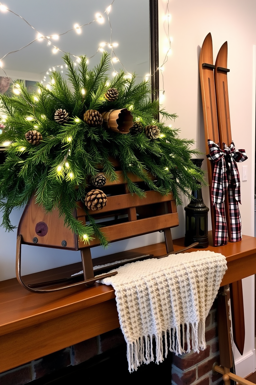 A vintage sled is prominently displayed on the mantel, surrounded by an arrangement of evergreen branches and pinecones. Soft white fairy lights twinkle above, creating a warm and inviting atmosphere for the winter season. On the opposite side, a pair of rustic wooden skis leans against the wall, adorned with red and white plaid ribbons. A cozy knitted throw is draped over the mantel, adding texture and warmth to the festive decor.