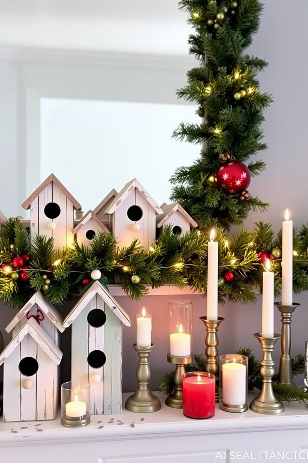 Charming birdhouses for a rustic feel. Imagine a collection of handcrafted birdhouses made from weathered wood, each painted in soft pastel colors. Winter mantel decorating ideas. Picture a cozy mantel adorned with evergreen garlands, twinkling fairy lights, and an assortment of seasonal candles in varying heights.