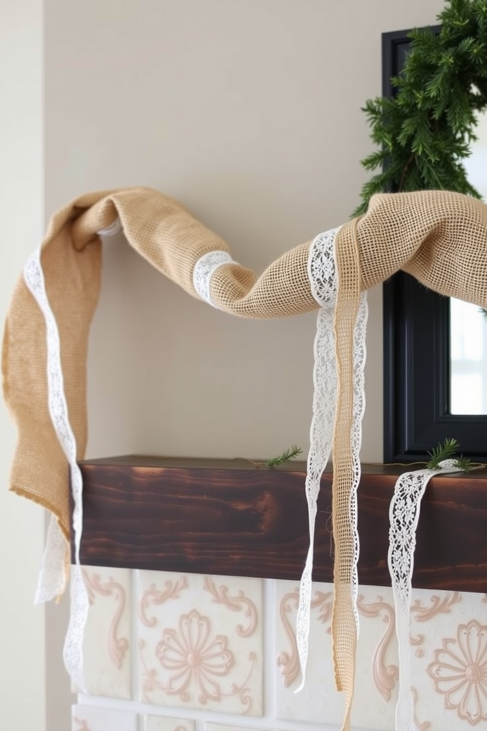 A cozy winter mantel decorated with burlap and lace accents. The burlap garland drapes elegantly across the mantel, complemented by delicate lace ribbons intertwined throughout.