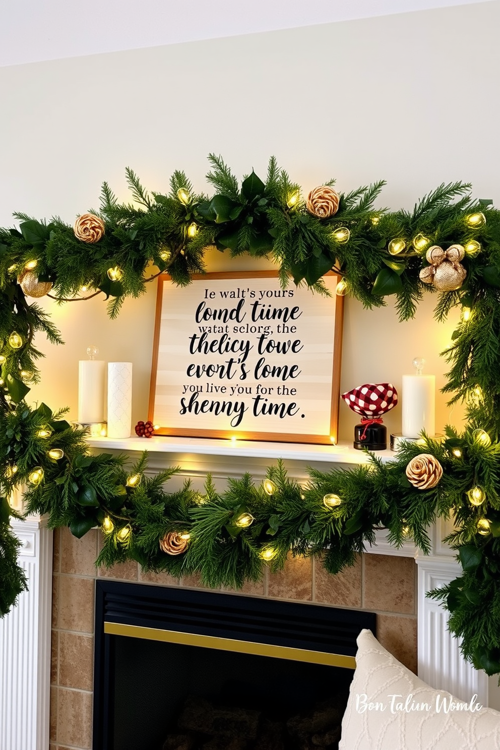 A cozy winter mantel decorated with evergreen garlands and twinkling fairy lights. A wooden sign featuring a seasonal quote is prominently displayed above the mantel, adding warmth to the space.