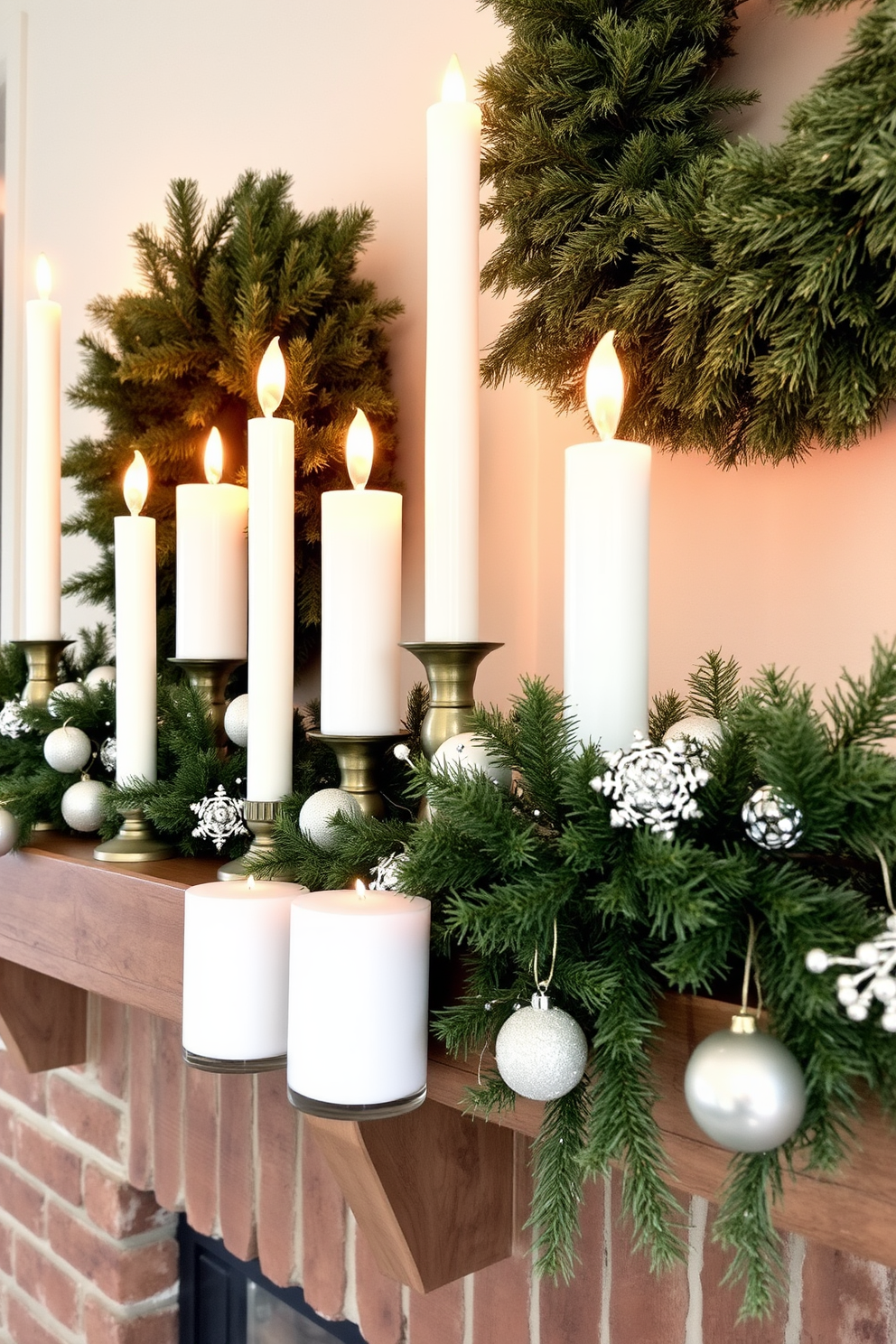 A cozy winter mantel decorated with white candles of varying heights creates a warm and inviting atmosphere. The candles are arranged on a rustic wooden mantel, surrounded by evergreen garlands and delicate holiday ornaments.