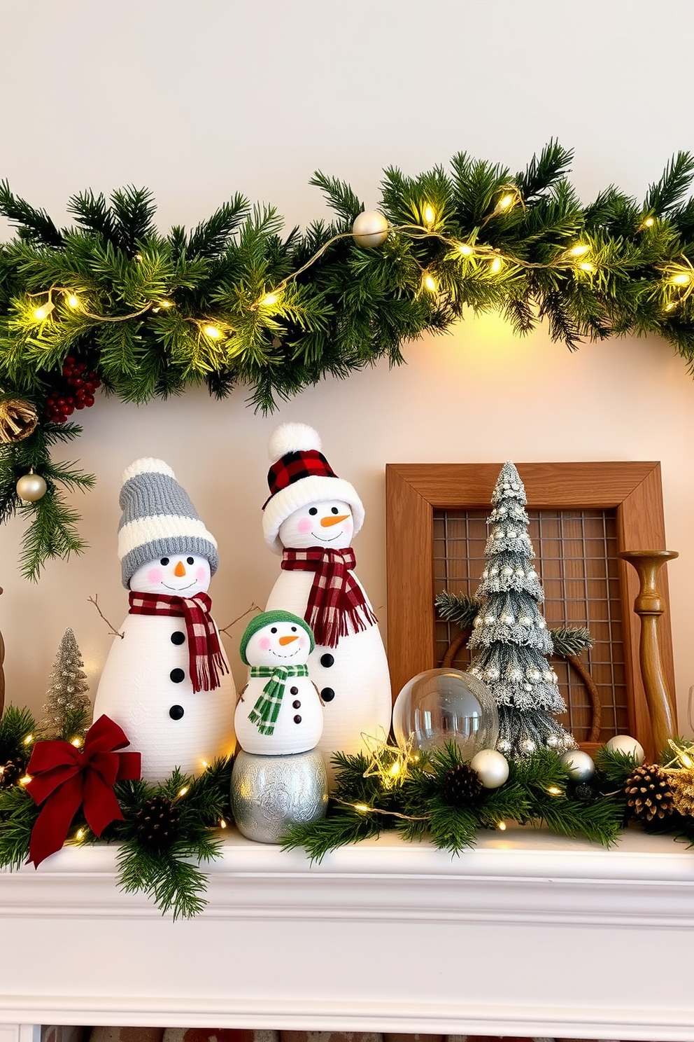 Classic holiday figures like snowmen are displayed on a beautifully arranged mantel adorned with evergreen garlands and twinkling fairy lights. The mantel features a mix of rustic wooden accents and elegant glass ornaments, creating a warm and inviting winter atmosphere.