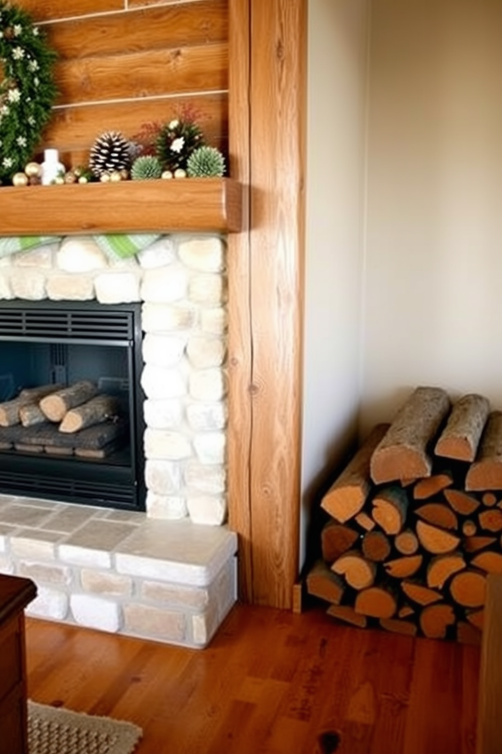 A cozy rustic living room featuring a fireplace with a mantel adorned with seasonal decorations. Beside the fireplace, there are neatly stacked wooden logs, adding warmth and charm to the space.