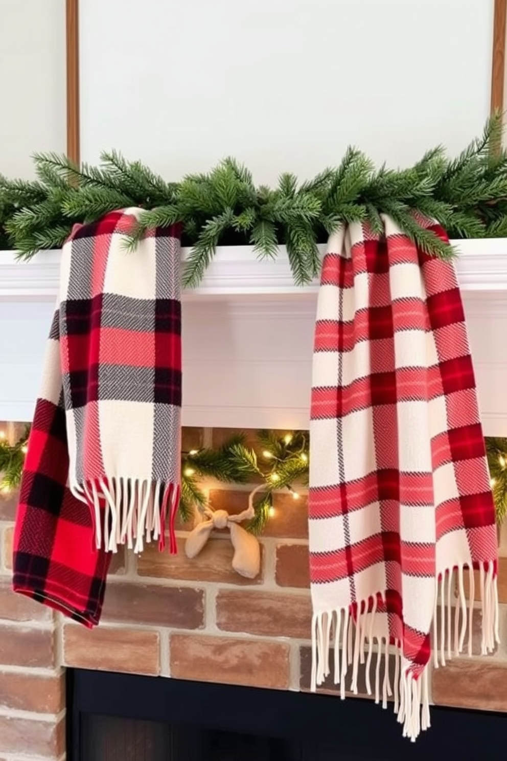 A cozy winter mantel adorned with warm plaid blankets draped elegantly across the top. The mantel features a mix of natural greenery and twinkling fairy lights, creating a welcoming atmosphere.