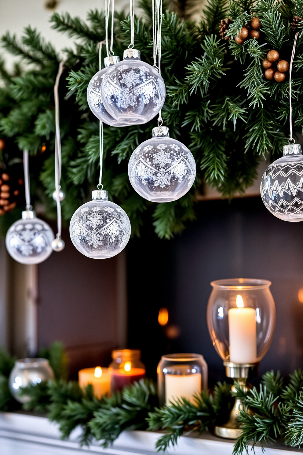 Frosted glass ornaments hang delicately from a beautifully adorned winter mantel. The mantel is draped with evergreen garlands, creating a cozy and inviting atmosphere. Winter mantel decorating ideas include a mix of frosted glass ornaments, candles, and seasonal greenery. The soft glow of candlelight reflects off the glass, enhancing the winter ambiance.