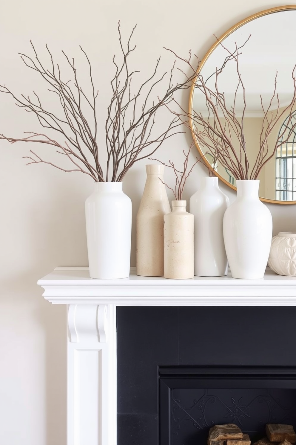 A cozy winter mantel adorned with neutral colored vases filled with dried branches. The vases vary in height and texture, creating an elegant yet understated focal point above the fireplace.