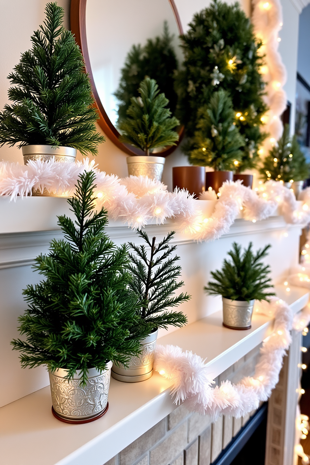 A cozy winter mantel adorned with miniature evergreen trees in decorative pots. The mantel is draped with soft white garlands, complemented by twinkling fairy lights that create a warm ambiance.