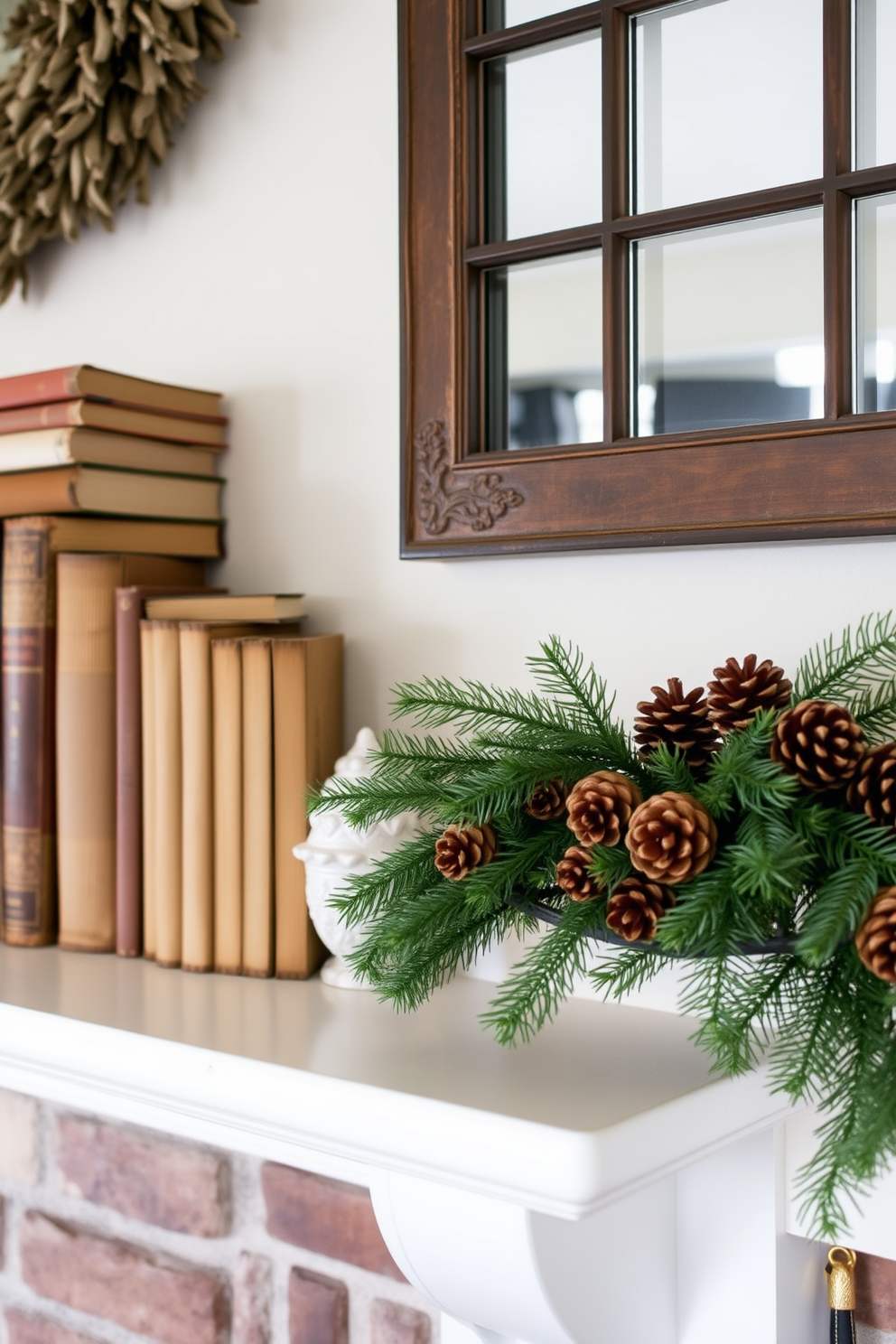 A cozy winter mantel adorned with vintage books stacked neatly on one side. On the other side, a collection of pinecones and evergreen branches complements the seasonal decor, creating a warm and inviting atmosphere.