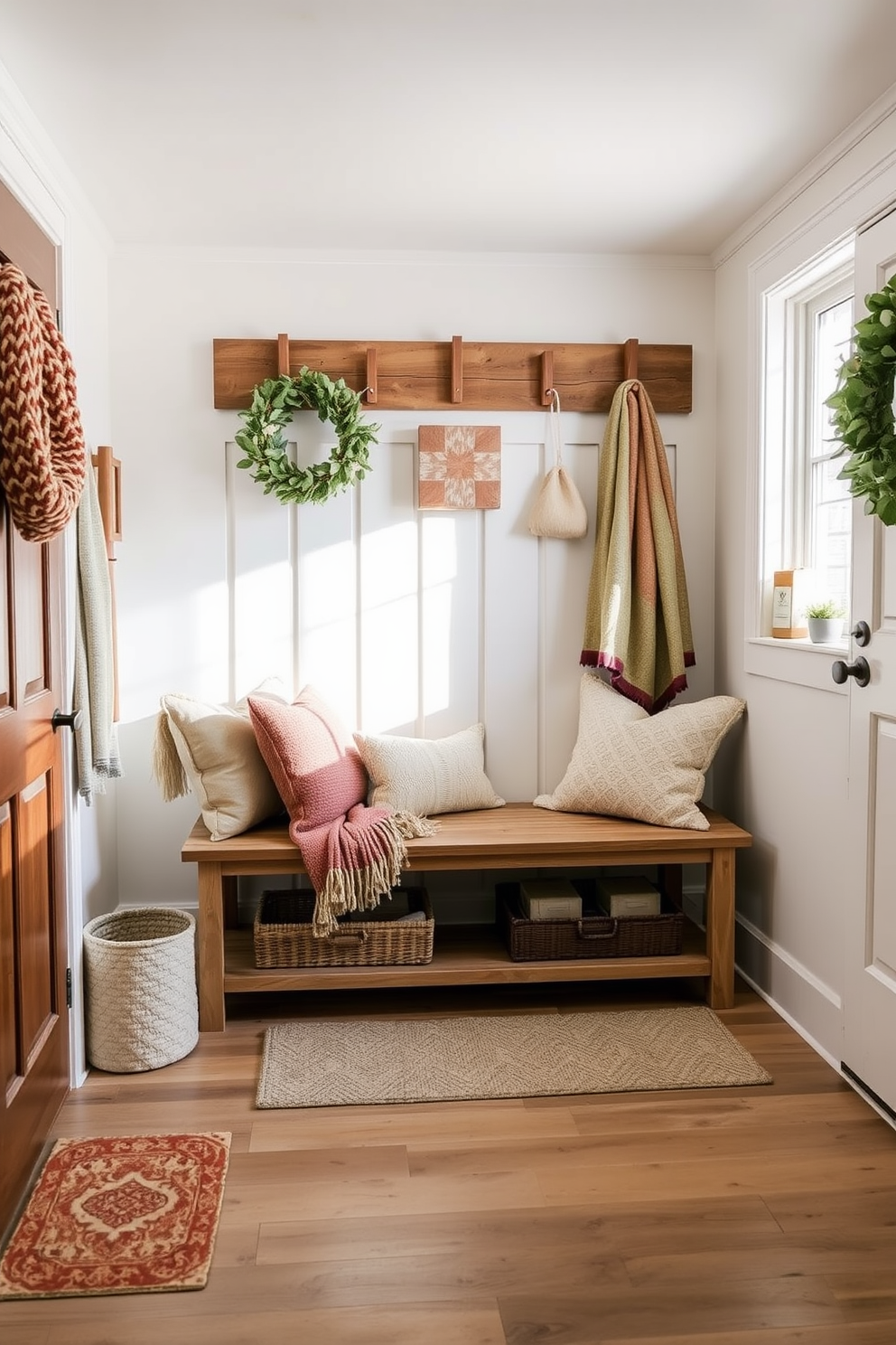 A cozy bench sits against the wall in a winter mudroom, adorned with warm throw blankets in soft textures. The space is filled with natural light, featuring a mix of rustic wood accents and inviting decor elements to create a welcoming atmosphere.