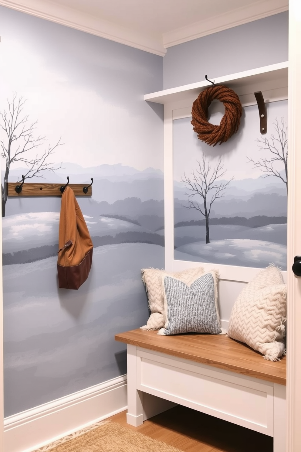 A cozy winter mudroom features a painted accent wall in soft blues and grays that evokes a serene winter landscape. The space is adorned with rustic wooden hooks for coats and a bench with plush cushions in coordinating winter hues.