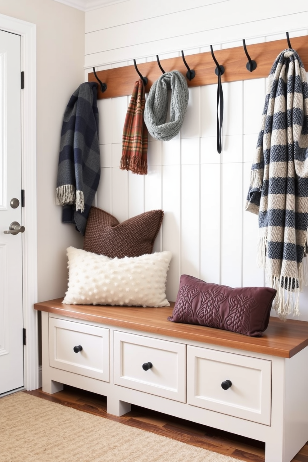 A cozy winter mudroom features a wooden bench with built-in storage underneath. The bench is adorned with plush cushions, and hooks on the wall are used for hanging coats and scarves.