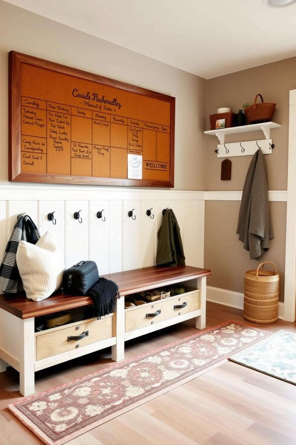 A cozy winter mudroom features a large corkboard mounted on the wall, perfect for displaying family schedules and important reminders. The space is adorned with warm, neutral tones and includes hooks for coats, a bench for seating, and a stylish area rug to welcome guests.