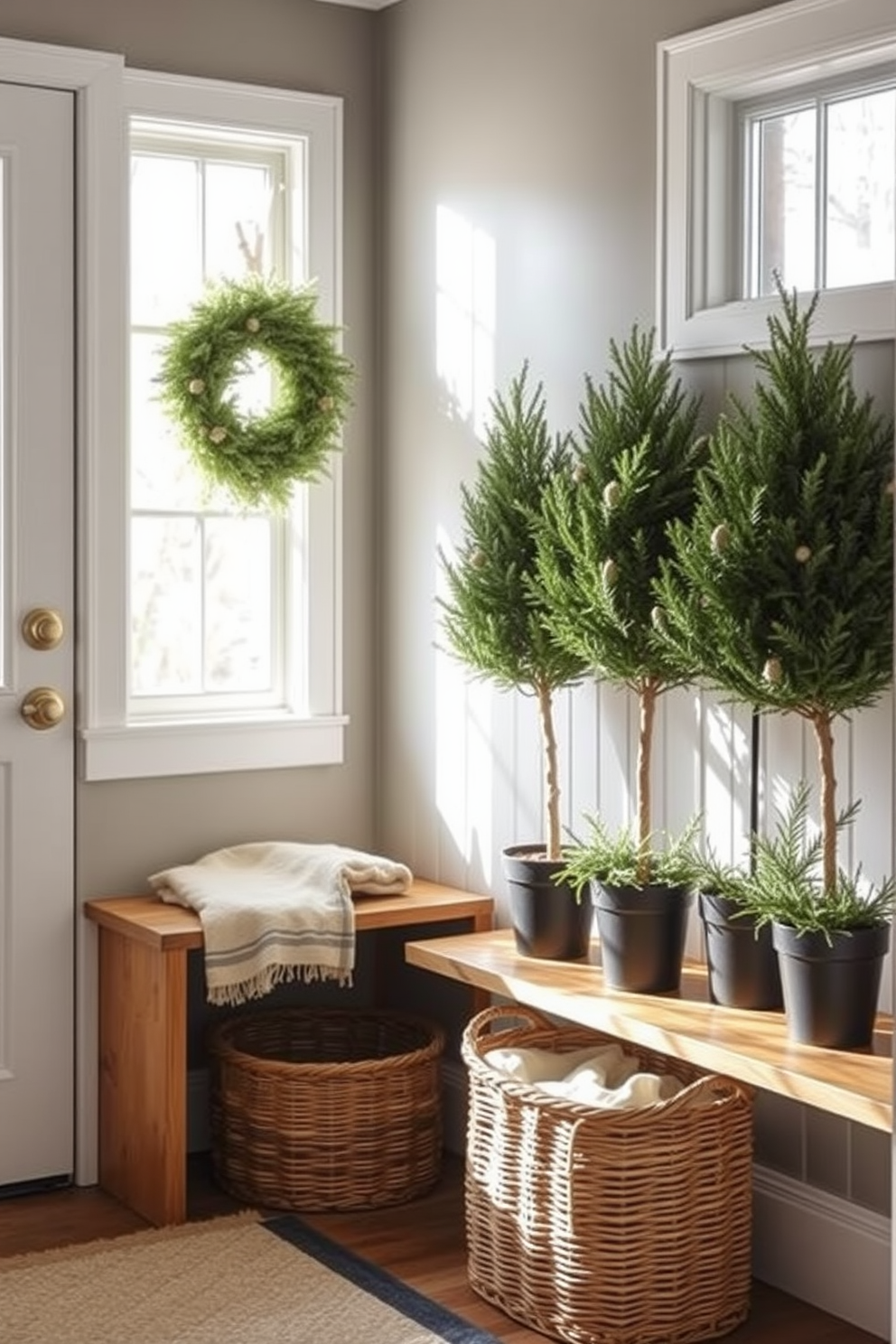 A cozy winter mudroom filled with natural light. The space features a row of potted evergreen plants in varying sizes, adding a touch of greenery to the room. The walls are painted in a soft gray hue, complementing the warm wooden bench. A woven basket sits beneath the bench, perfect for storing winter accessories and blankets.