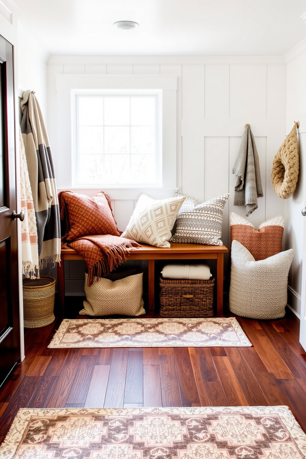 A cozy winter mudroom filled with layered textiles for comfort and style. Soft woolen blankets are draped over a wooden bench, while plush throw pillows in varying textures add warmth to the space. The walls are painted a crisp white, contrasting beautifully with the rich, dark wood of the flooring. A large area rug with a geometric pattern anchors the room, providing both comfort and visual interest.