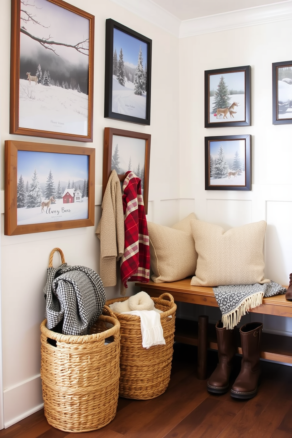 A cozy winter mudroom features seasonal artwork that captures the essence of the season. The walls are adorned with framed prints of snowy landscapes and festive holiday scenes, creating a warm and inviting atmosphere. A rustic bench with plush cushions sits against one wall, providing a comfortable spot to remove boots. Woven baskets filled with blankets and scarves are neatly arranged nearby, adding both functionality and charm to the space.