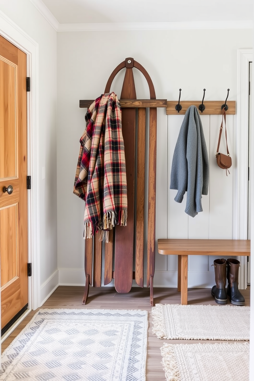 A cozy winter mudroom features a vintage sled prominently displayed against the wall, adding a nostalgic charm to the space. The sled is adorned with a warm plaid blanket, creating an inviting atmosphere perfect for welcoming guests during the colder months. The mudroom is designed with rustic wooden hooks for hanging winter coats and a bench for removing boots. Soft, layered rugs in neutral tones provide comfort underfoot while complementing the overall vintage aesthetic.