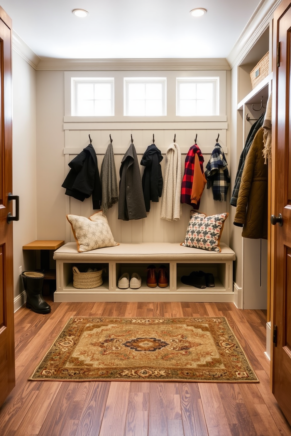 A cozy winter mudroom featuring heated floors to keep your feet warm on chilly mornings. The space includes a built-in bench with plush cushions, surrounded by hooks for hanging coats and a stylish area rug to add warmth and texture.