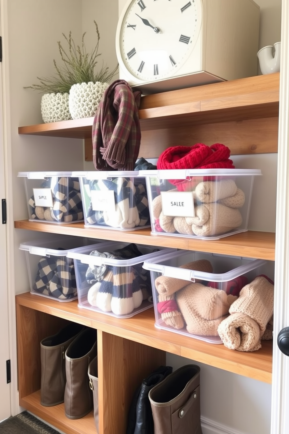 A cozy winter mudroom featuring clear bins for easy visibility. The bins are neatly arranged on a wooden shelf, showcasing seasonal accessories like scarves and gloves.