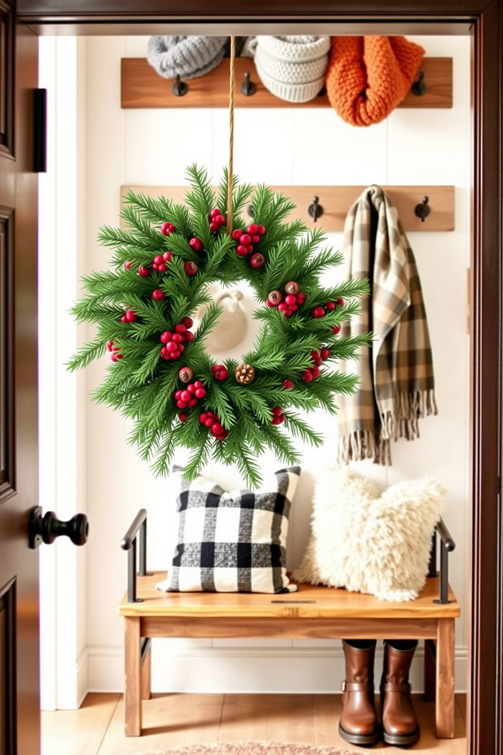 A cozy winter mudroom features a seasonal wreath made of evergreen branches adorned with red berries and pine cones hanging on the door. Inside, a rustic bench with fluffy throw pillows provides a welcoming spot to remove boots, while hooks above hold warm scarves and hats.