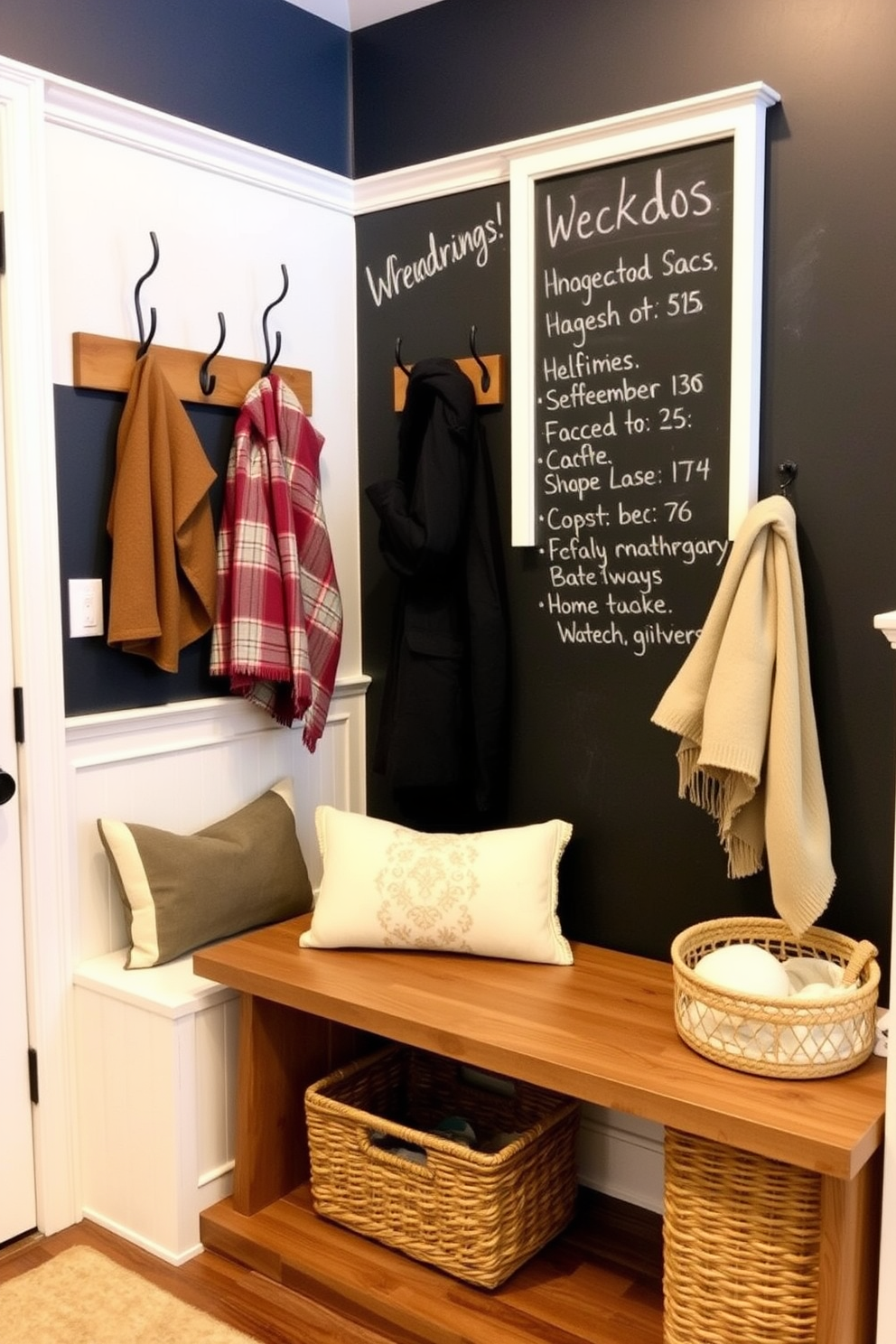 A cozy winter mudroom features a chalkboard wall for messages and reminders, providing a functional yet stylish touch. The space is adorned with rustic hooks for coats, a bench for sitting, and a woven basket for storing winter accessories.