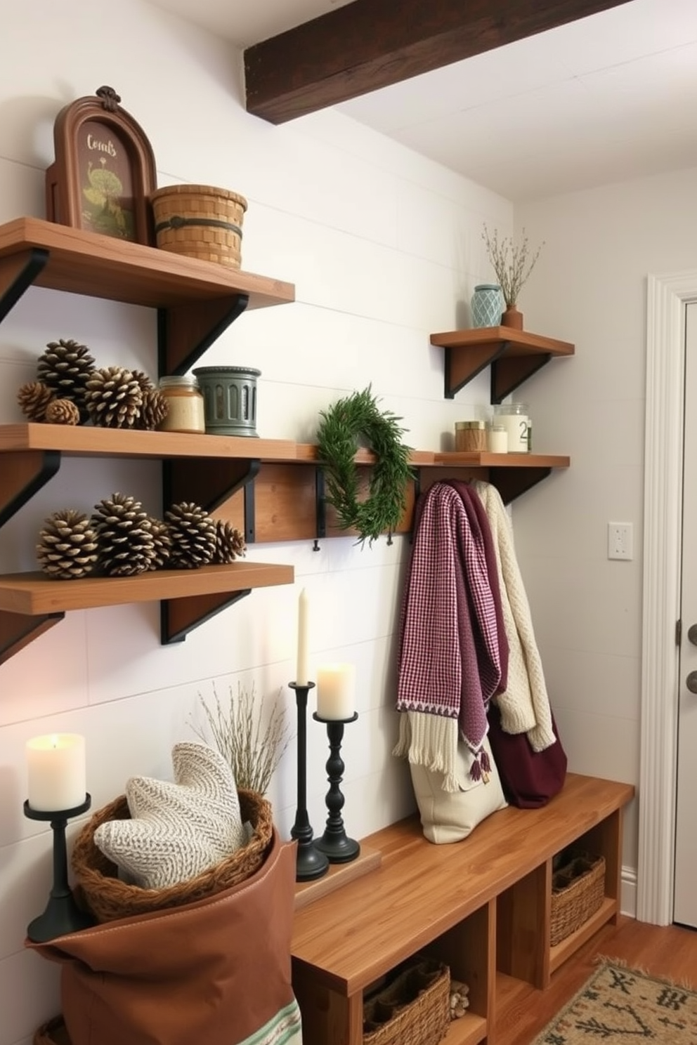 Rustic wooden shelves line the walls of a cozy winter mudroom. The shelves are adorned with an array of winter-themed decor, including pinecones, candles, and knitted accessories.