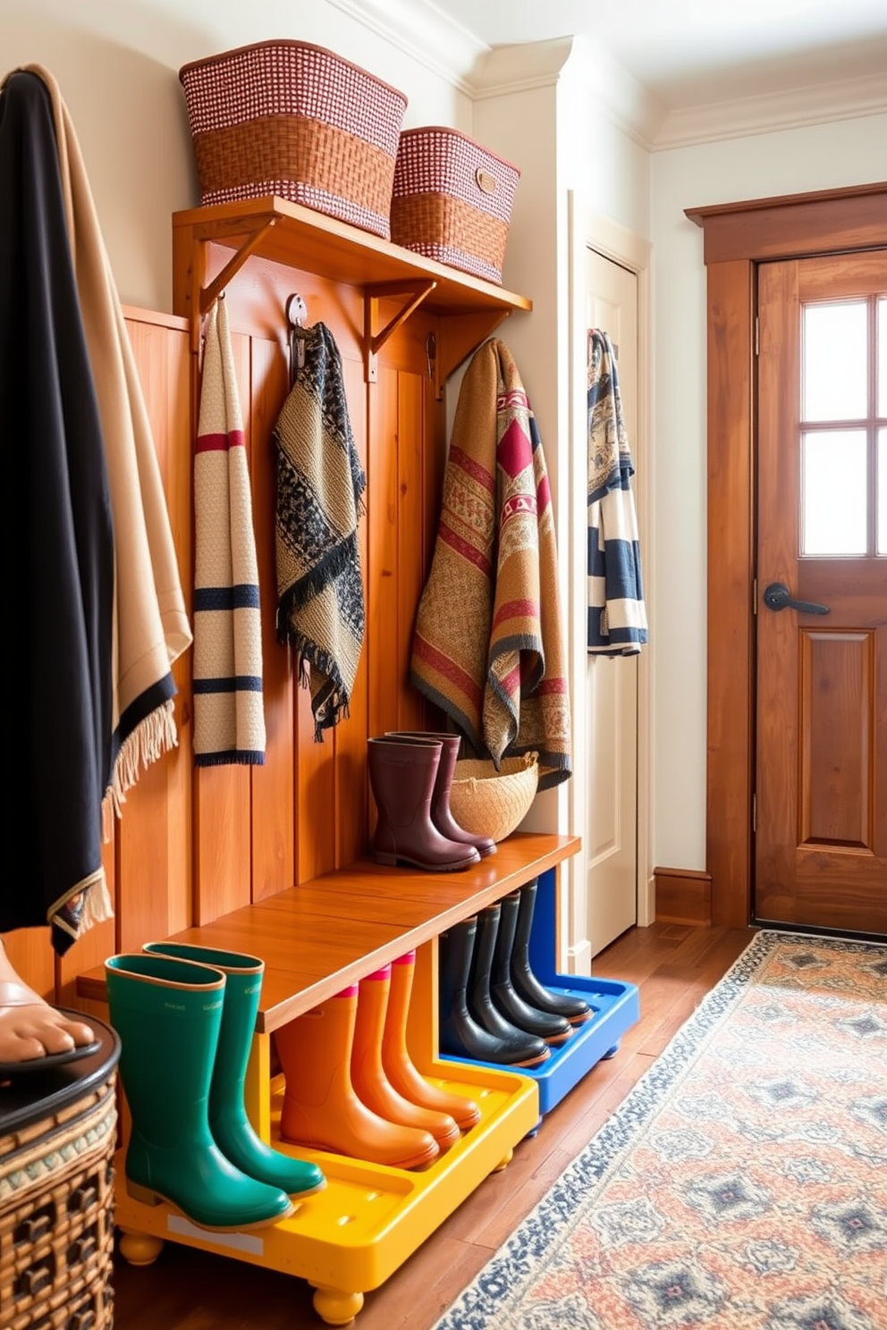 A vibrant mudroom featuring colorful boot trays designed for effective mud control. The space is adorned with warm wooden accents and inviting textiles, creating a cozy atmosphere.