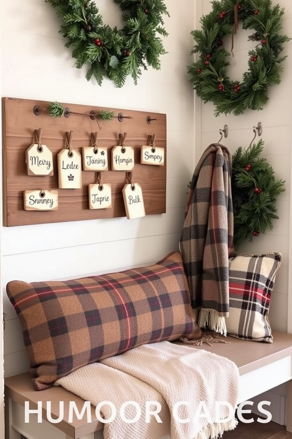 Personalized name tags for each family member are displayed on a rustic wooden board near the entrance. Each tag is crafted from natural materials and features unique designs that reflect the personality of the family member it represents. Winter mudroom decorating ideas include a cozy bench covered with a soft plaid blanket for warmth. The walls are adorned with seasonal wreaths made of pine and berries, creating a welcoming atmosphere for guests.