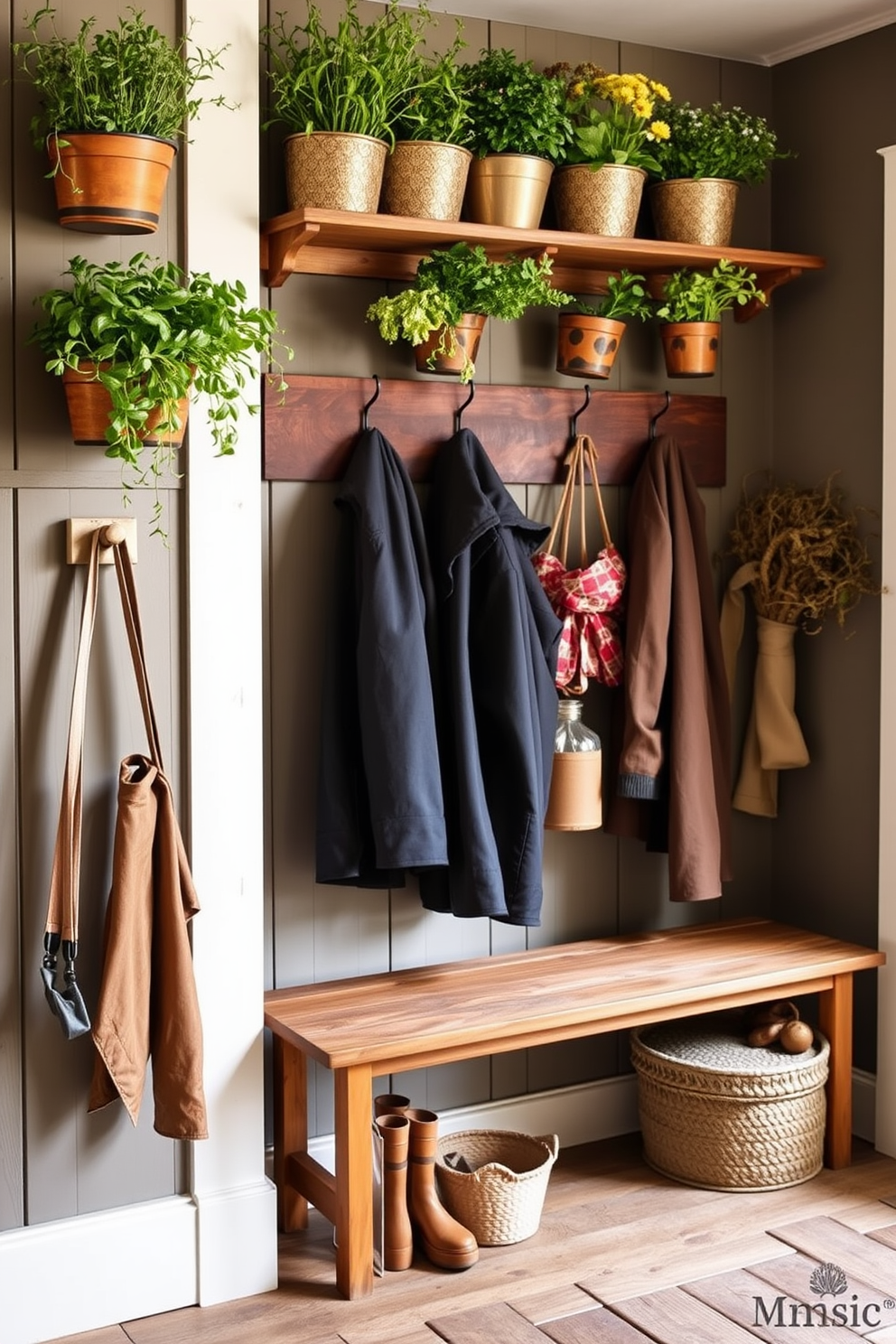 A cozy winter mudroom features wall-mounted planters filled with fresh herbs. The space is adorned with a rustic bench and hooks for coats, creating a warm and inviting atmosphere.