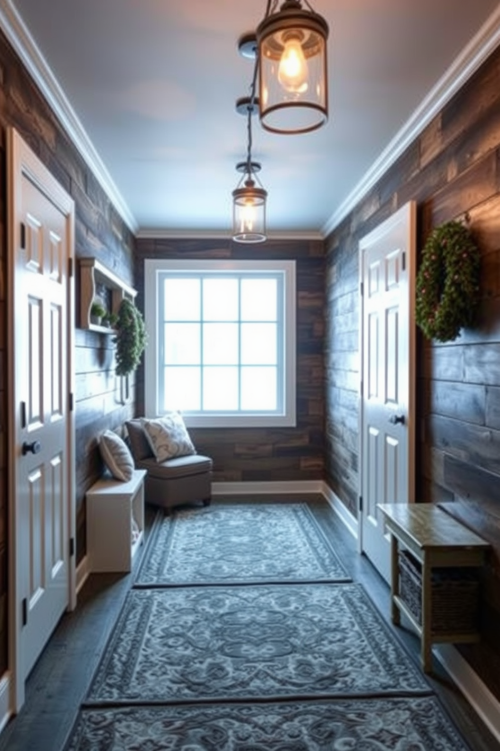 A winter mudroom features a warm and inviting atmosphere with hanging lanterns casting a soft, cozy glow throughout the space. The walls are adorned with rustic wood paneling, and the floor is covered with a durable yet stylish area rug to add comfort during the chilly months.