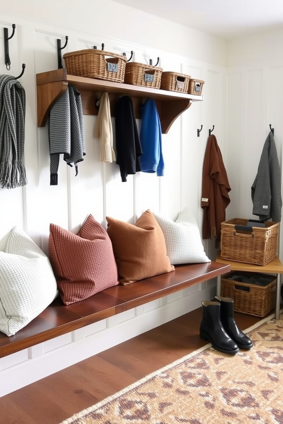 A cozy winter mudroom features a bench with textured pillows for added comfort and warmth. The walls are adorned with hooks for coats and a rustic shelf holds baskets for storage, creating an inviting and functional space.