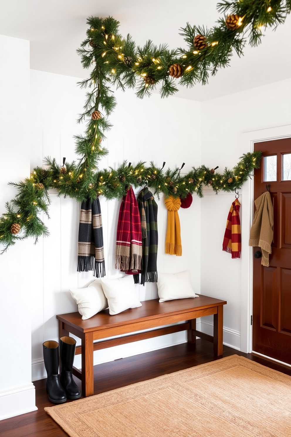 Seasonal garlands adorned with pine cones and twinkling lights hang gracefully across the entrance of a cozy winter mudroom. The walls are painted in soft white, and the floor is covered with a warm, textured rug that invites guests to step inside. A wooden bench with plush cushions sits beneath the garland, providing a perfect spot to remove boots. Stylish hooks line the wall, displaying colorful scarves and hats, adding to the cheerful atmosphere of the space.