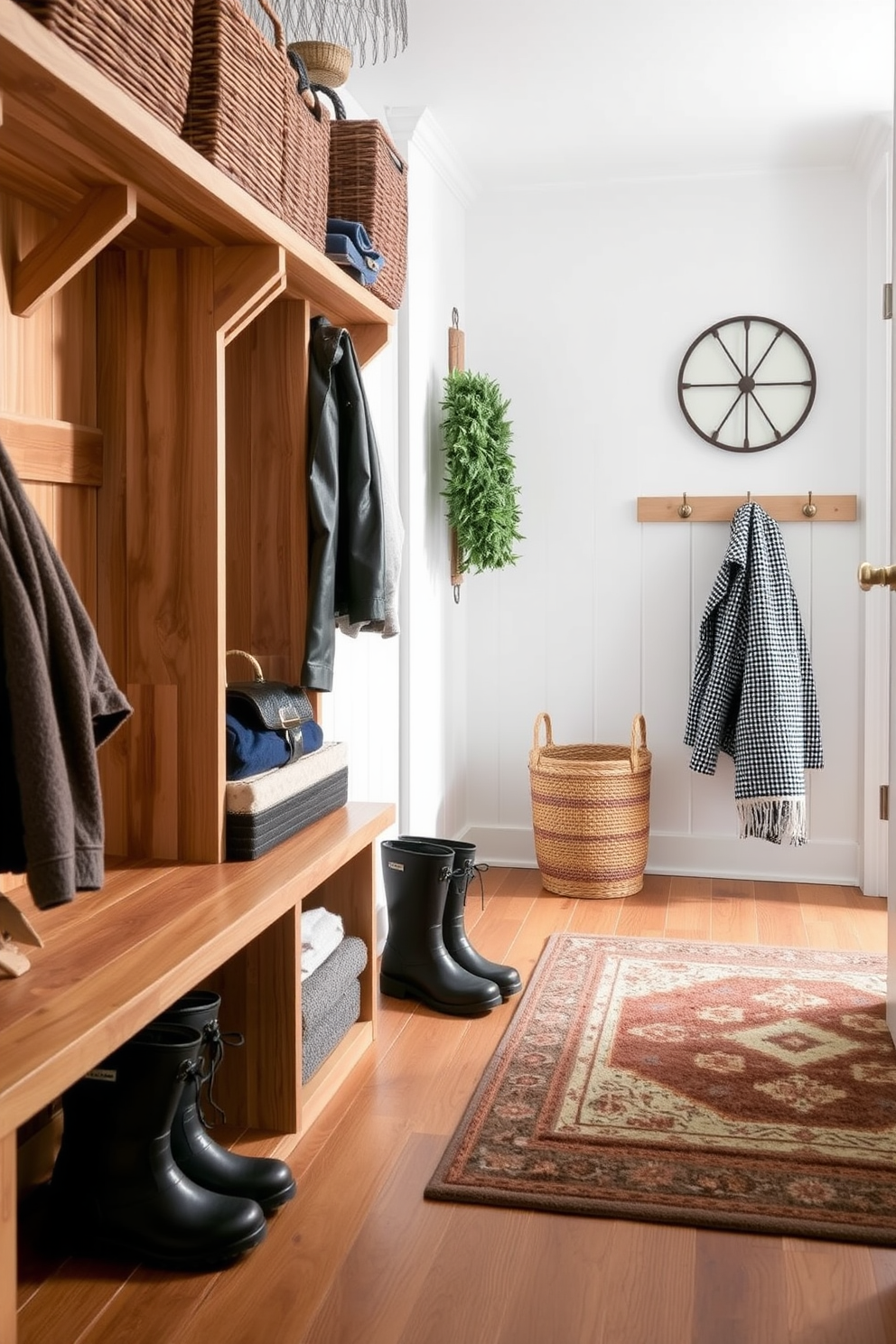 A cozy winter mudroom features durable rugs designed to withstand wet boots and heavy foot traffic. The space is accented with warm wood tones and functional storage solutions, creating an inviting entryway for cold weather.