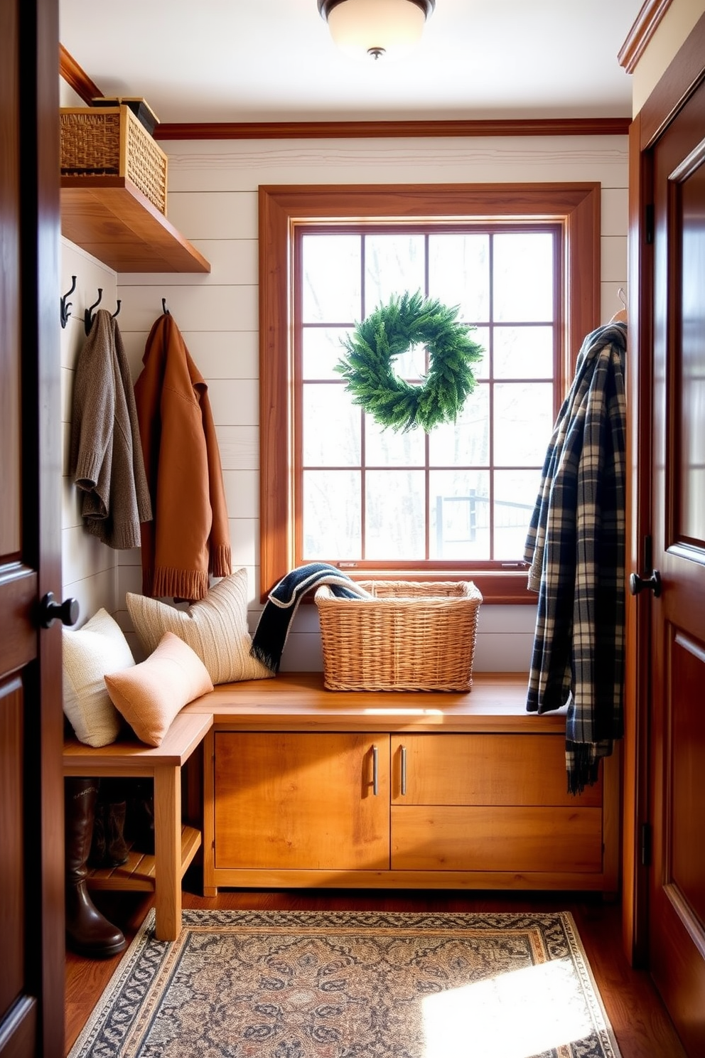 A cozy winter mudroom featuring natural wood accents that create a warm and inviting atmosphere. The space includes a rustic wooden bench with soft cushions, surrounded by hooks for hanging winter coats and a woven basket for storing boots. The walls are adorned with shiplap in a light color, complementing the rich tones of the wood accents. A large window allows natural light to flood the room, and a patterned area rug adds a touch of comfort underfoot.