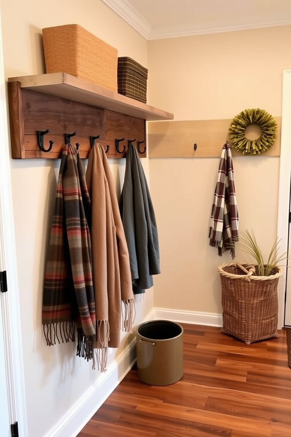 A cozy winter mudroom features wall hooks crafted from rustic wood, perfect for hanging jackets and scarves. The space is adorned with a warm color palette, including soft beige walls and a rich brown floor, creating an inviting atmosphere.