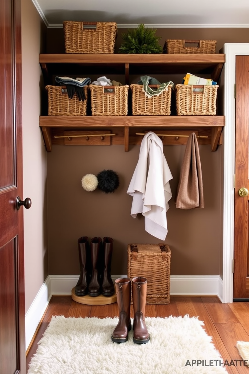 A cozy winter mudroom features rustic wooden shelves lined with woven storage baskets filled with gloves and hats. The walls are painted a warm taupe, and a plush area rug adds comfort underfoot while a pair of sturdy boots sits by the door.