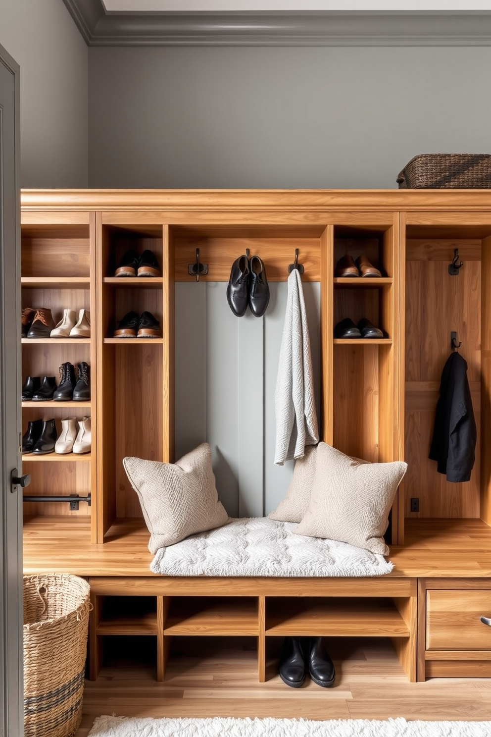 Shoe cubbies designed for organized footwear are essential in a winter mudroom. Each cubby is crafted from natural wood, featuring a combination of open and closed storage for easy access and a tidy appearance. The walls of the mudroom are painted in a soft gray, creating a calm backdrop. A cozy bench with plush cushions sits in front of the cubbies, inviting guests to sit while they put on or take off their shoes.