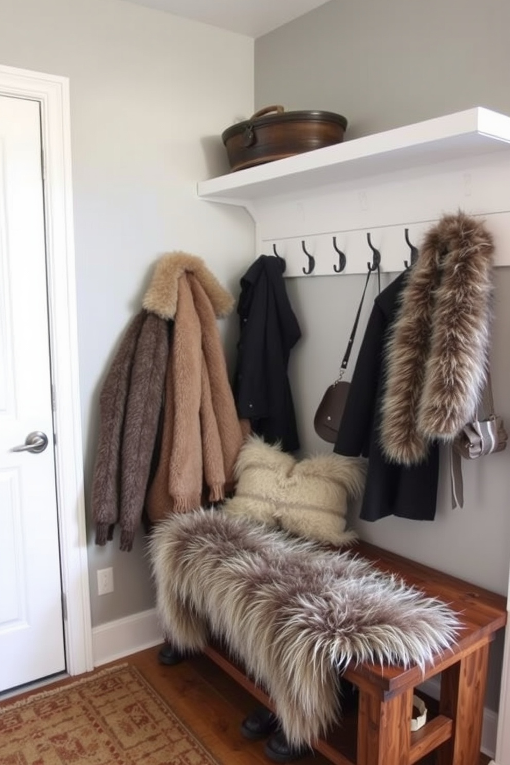 A cozy winter mudroom adorned with faux fur accents for warmth. The space features a rustic wooden bench covered with a plush faux fur throw, complemented by a series of hooks lined with stylish winter coats.