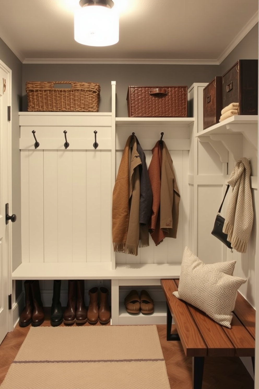 A winter mudroom decorated for functionality and style. The space features bright lighting fixtures that illuminate the area, creating a warm and inviting atmosphere. A combination of hooks and shelves provides ample storage for coats and boots. Soft textiles in neutral tones add comfort while maintaining a clean and organized look.