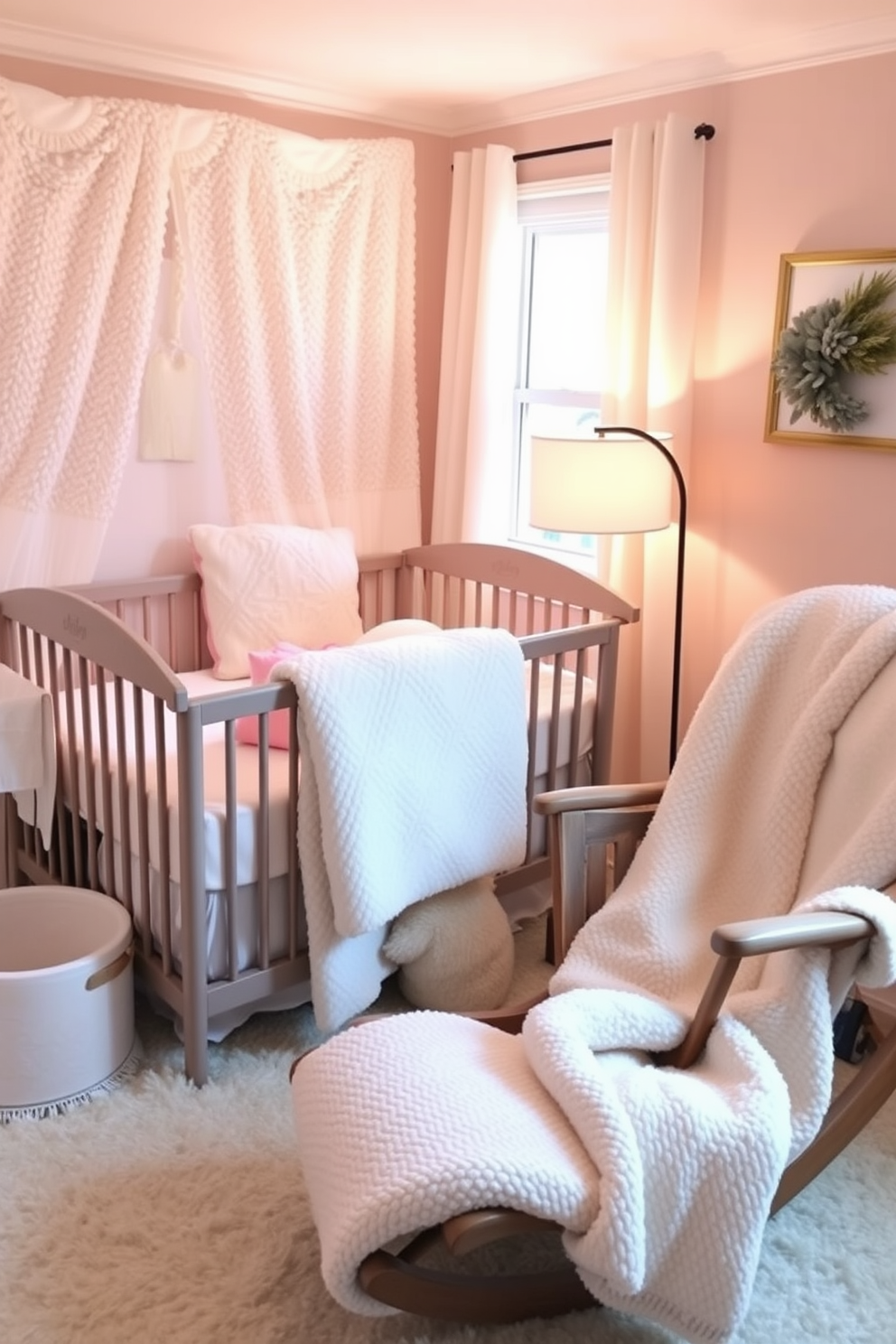 A cozy winter nursery filled with soft textures and warm colors. The room features a plush crib adorned with fluffy fleece blankets in pastel shades, creating a welcoming atmosphere for the baby. A comfortable rocking chair sits in the corner, draped with an oversized fleece throw for added warmth. Gentle lighting from a stylish lamp casts a soft glow, enhancing the serene and inviting ambiance of the nursery.