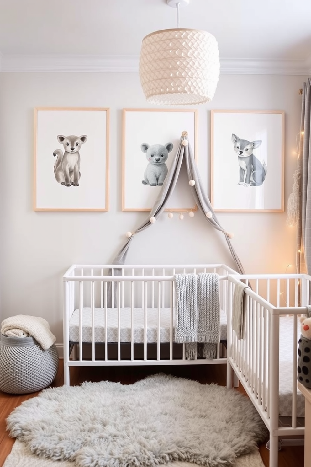 Cute animal prints for nursery walls. Soft pastel colors create a calming atmosphere while whimsical illustrations of playful animals add charm and warmth to the space. Winter nursery decorating ideas. Cozy textures like knitted blankets and plush rugs complement the serene color palette, while twinkling fairy lights create a magical ambiance perfect for the season.