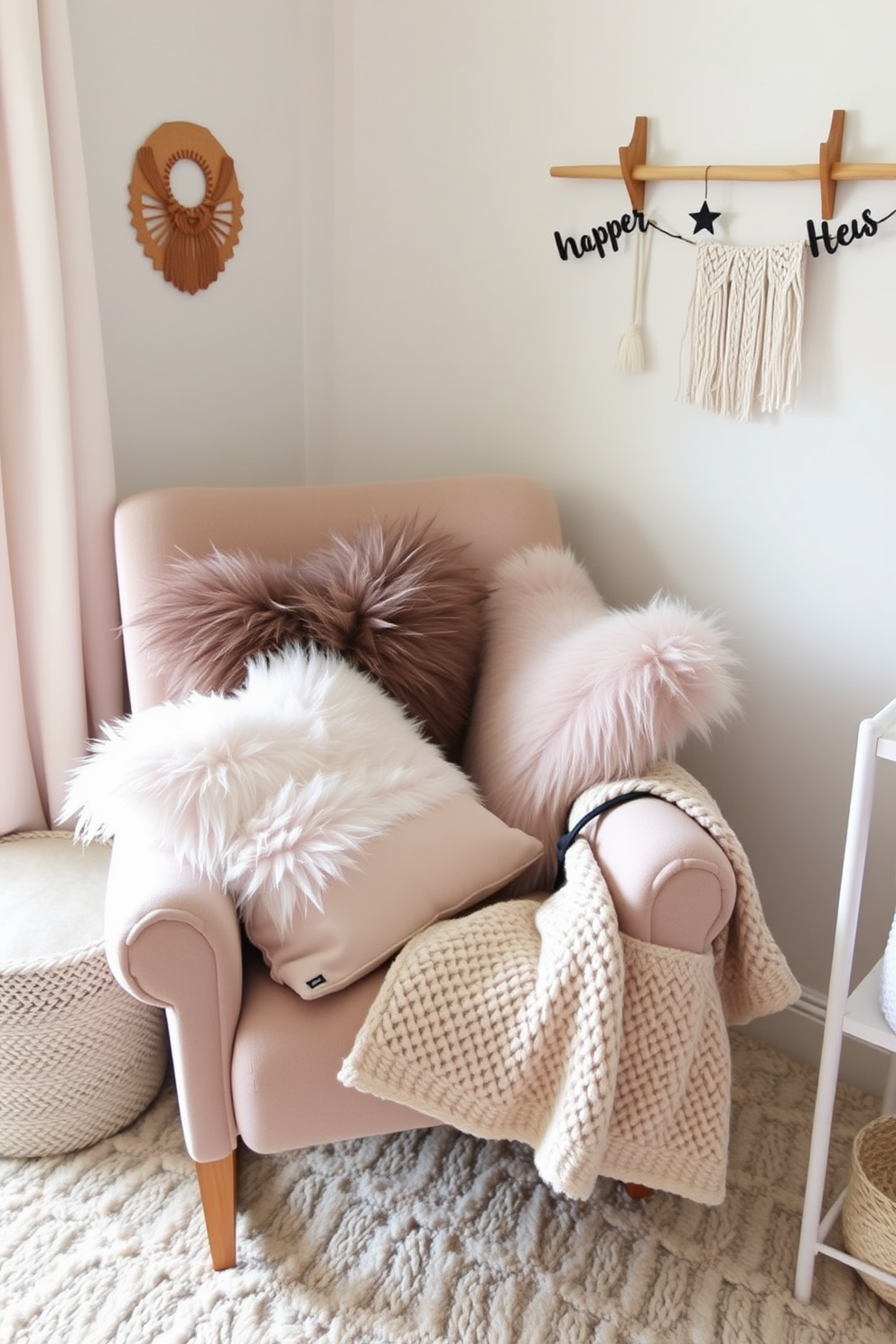 A cozy winter nursery featuring soft faux fur throw pillows scattered across a plush rocking chair. The walls are painted a gentle pastel color, and a warm, knitted blanket drapes over the chair, adding to the inviting atmosphere.