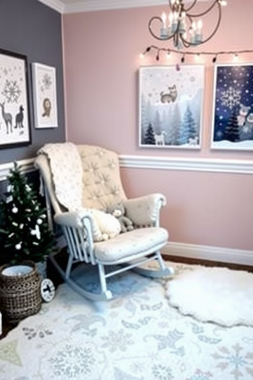 A cozy winter nursery adorned with seasonal artwork featuring snowflakes and winter animals. The walls are painted in soft pastel colors, and a plush rocking chair sits in the corner, surrounded by warm blankets and stuffed toys.