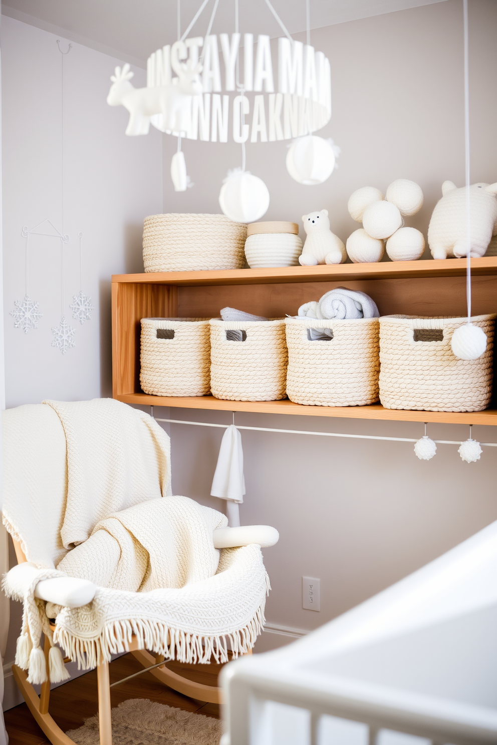 Stylish storage baskets made of natural fibers are arranged on a wooden shelf, providing a warm and inviting atmosphere. The nursery features soft pastel colors with accents of white, creating a cozy and serene environment. Winter-themed decorations include plush blankets draped over the rocking chair and snowflake ornaments hanging from the ceiling. A whimsical mobile with winter animals gently sways above the crib, adding a playful touch to the space.