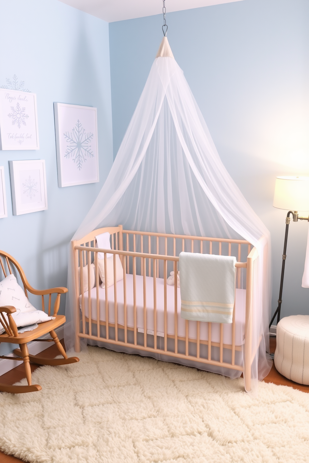 A cozy winter nursery with a crib adorned with a soft canopy made of sheer white fabric. The walls are painted in a gentle pastel blue, and the floor is covered with a plush area rug that adds warmth to the space. Decorative elements include snowflake-themed artwork and a small wooden rocking chair in the corner. A warm light glows from a stylish lamp on a side table next to the crib, creating a serene atmosphere perfect for a baby's restful sleep.