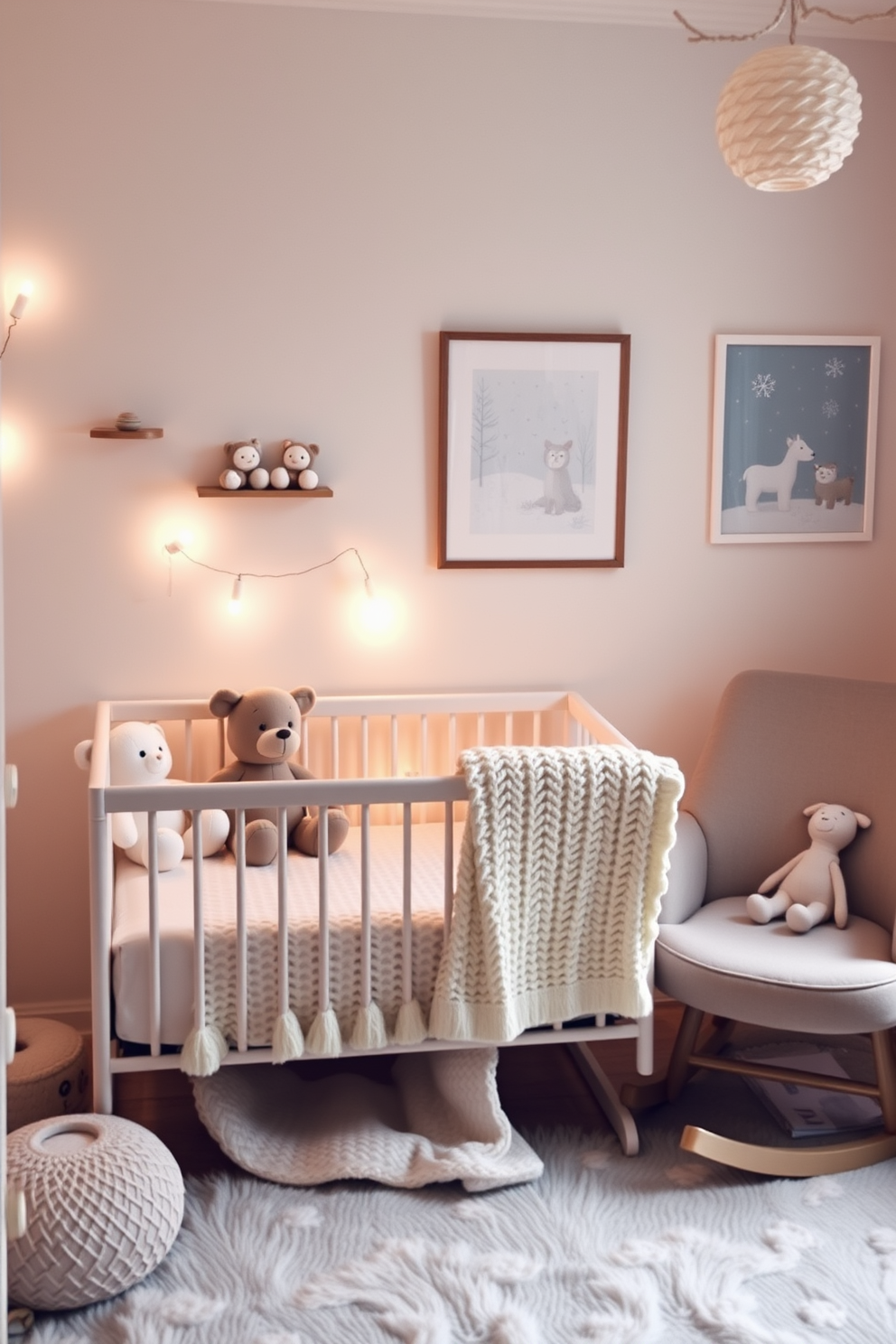 A cozy nursery bathed in soft winter hues. Gentle night lights cast a soothing glow, illuminating plush toys and a comfortable rocking chair. The walls are adorned with whimsical winter-themed artwork, featuring snowflakes and gentle animals. A warm knitted blanket drapes over the crib, inviting comfort and warmth.