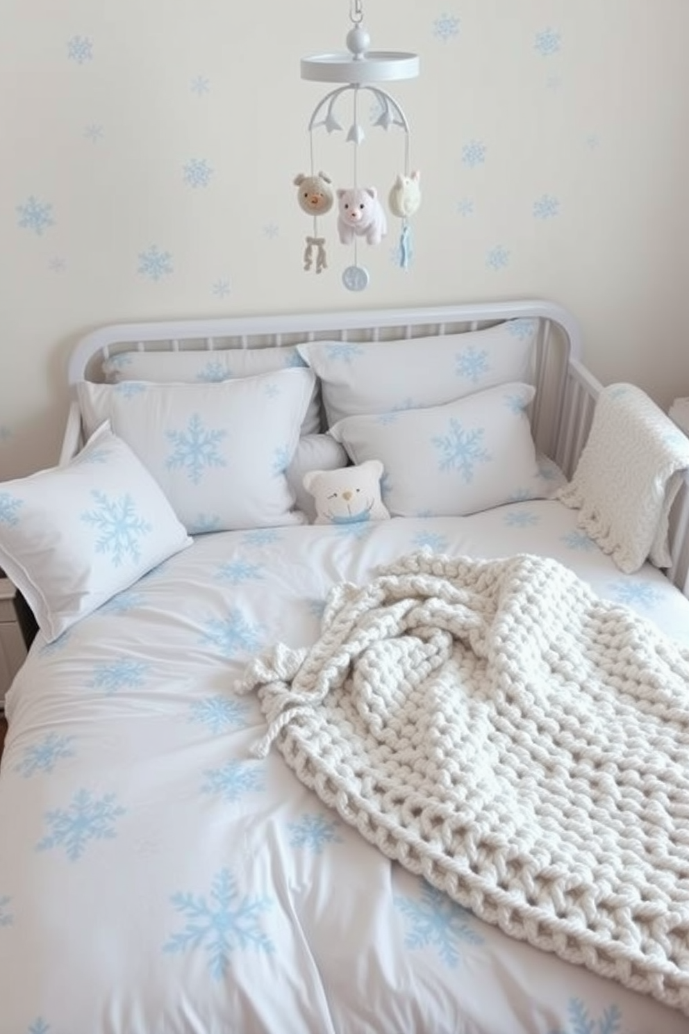 A cozy winter-themed bedding setup featuring a plush white duvet adorned with soft blue snowflake patterns. The bed is flanked by matching pillows and a chunky knit throw, creating a warm and inviting atmosphere. A charming winter nursery decorated with pastel colors and whimsical snowflake decals on the walls. The crib is draped with a soft, fluffy blanket, and a mobile featuring winter animals hangs above, adding a playful touch.